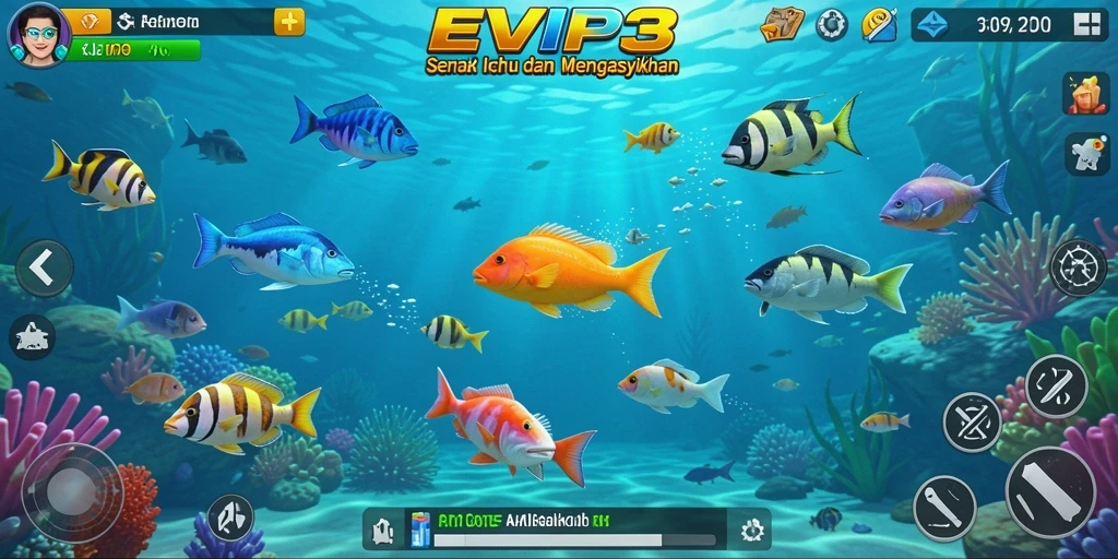 Screenshot utama EVIP3 menampilkan aksi seru menembak ikan di laut biru.