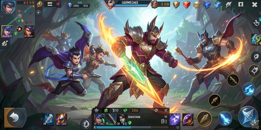 Screenshot utama GEMS365 menampilkan aksi seru dalam gameplay MOBA.