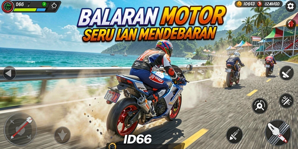 Tampilan gameplay seru di ID66 dengan beragam trek dan motor.