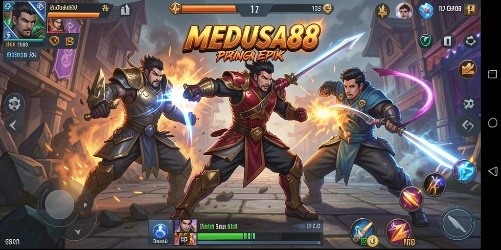 Screenshot utama MEDUSA88 menampilkan pertarungan seru penuh aksi.