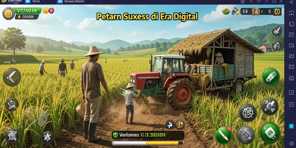 Screenshot gameplay VT789 menunjukkan petani yang sibuk mengelola lahan pertanian.